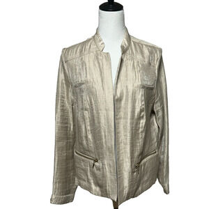 Chicos Open Front Jacket Womens Large 2 Gold Metallic Shimmer Long Sleeve Bling